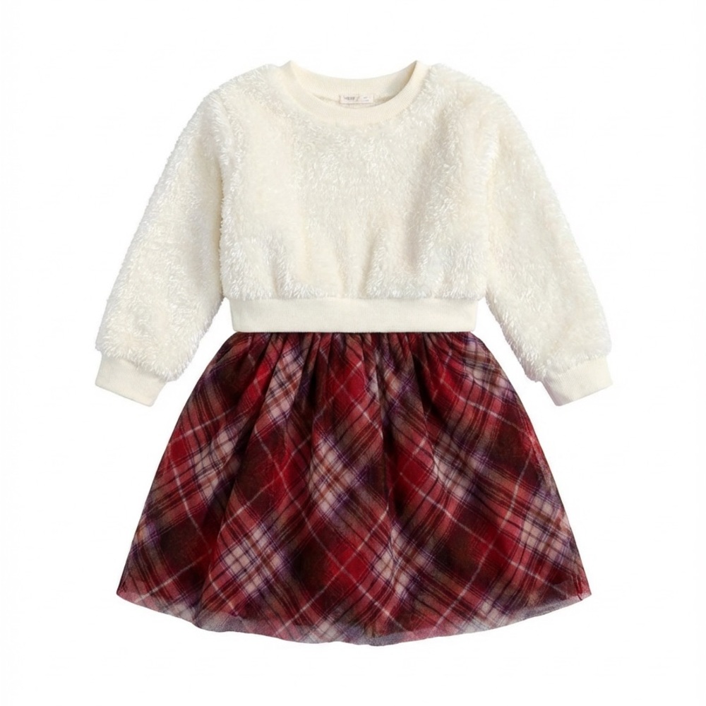 Knitworks Girls Christmas Dress – Sz 14 – Two-Piece (Faux Fur Top + Plaid Dress)
